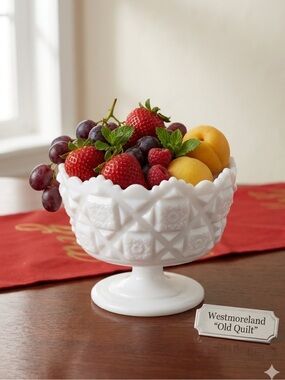 Vintage Westmoreland "Old Quilt" White Milk Glass Pedestal Bowl Compote
